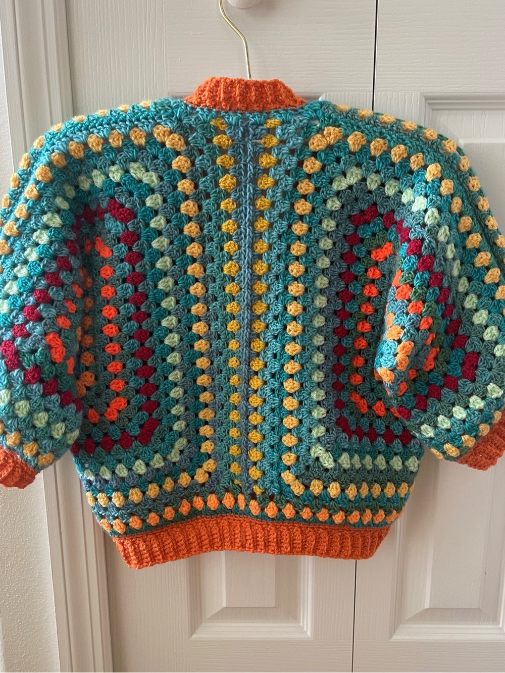 Hand-Crocheted Multicolor Granny Square Cardigan - Orange Trim - Picture 5 of 5